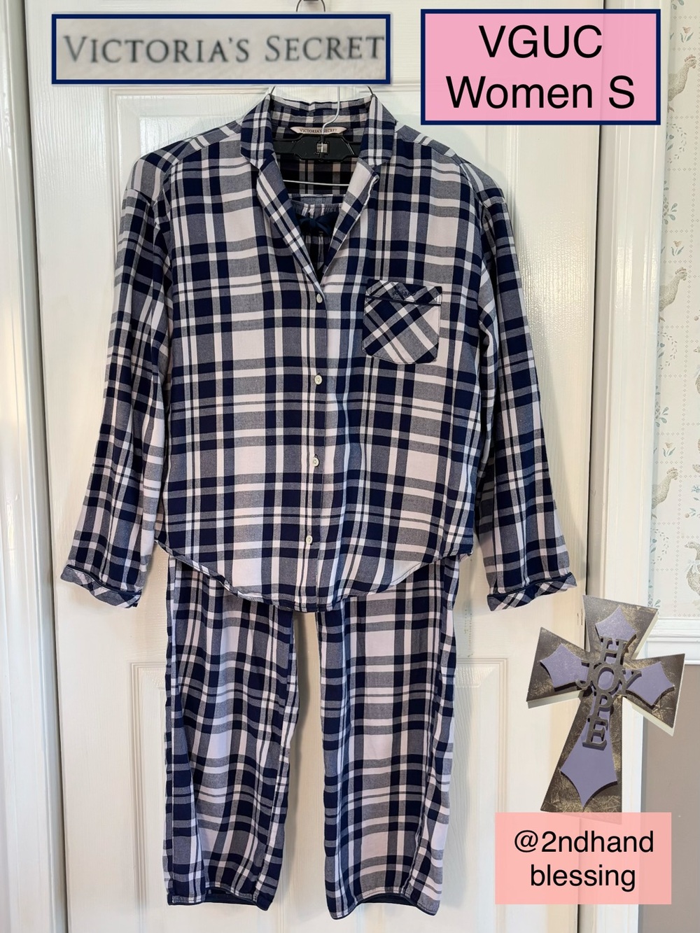 VGUC Victoria's Secret Light Flannel Plaid Pajama Set Women Sz S, Navy Off White